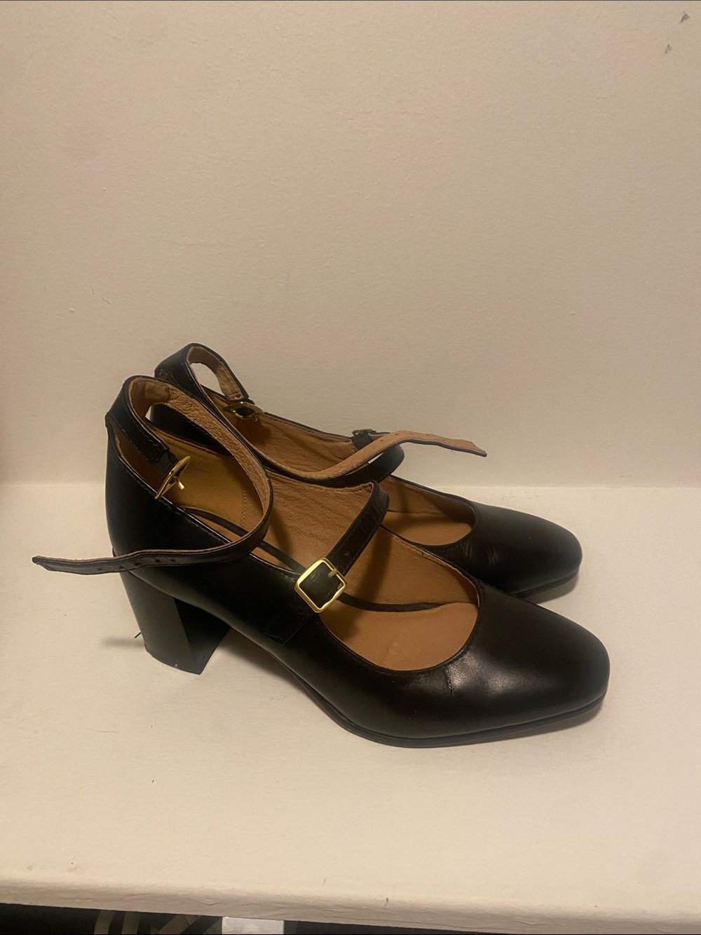 Madewell Black Mary Jane Block Heel Pumps with Gold Buckle